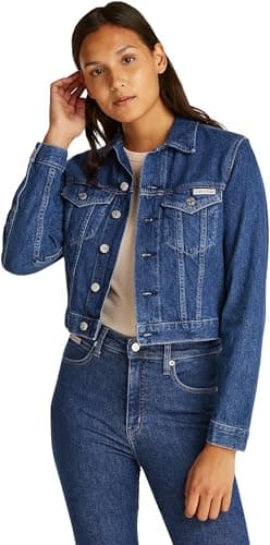 Image of Calvin Klein Women’s 90s Cropped Denim Trucker Jacket with Chest Pockets, Blue (Denim Medium), XS