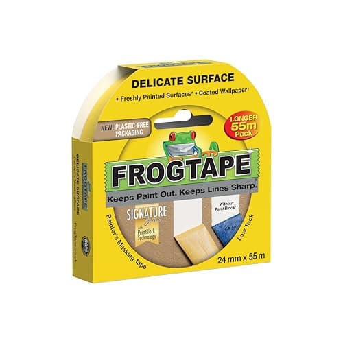 Image of Frog Tape Yellow Delicate Surface Painters Masking Tape 24mm x 55m. Indoor painting and decorating for sharp lines and no paint bleed