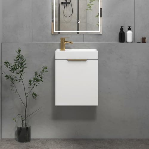 Image of 400mm Wall Hung Bathroom Vanity Unit With Basin - Cloakroom Vanity Unit with 1 Tap Hole Ceramic Basin Soft Close 1-Door Storage Cabinet Basin Sink With Brushed Brass Handle - Gloss White