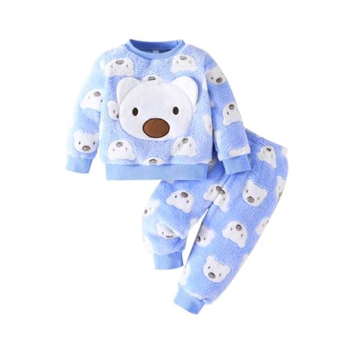 Image of Eqenkely Toddler Baby Boys Fuzzy Flannel Warm Long Sleeve Animal Print Hooded Sweatshirt+Pants 2PCs Clothing Sets Blue 9-12 Months
