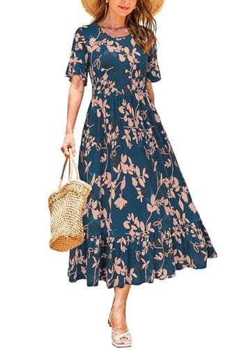 Image of STYLEWORD Women Summer Dress Floral Short Sleeve Ladies Casual Swing Midi Dress with Pockets(Dark Green Floral,X-Large)