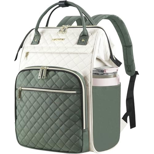 Image of EMPSIGN 17 Inch Laptop Backpack for Women, Work Business Travel Computer College Bags, Large Capacity Water-repellent Quilted Casual Daypack, Beige-Army Green