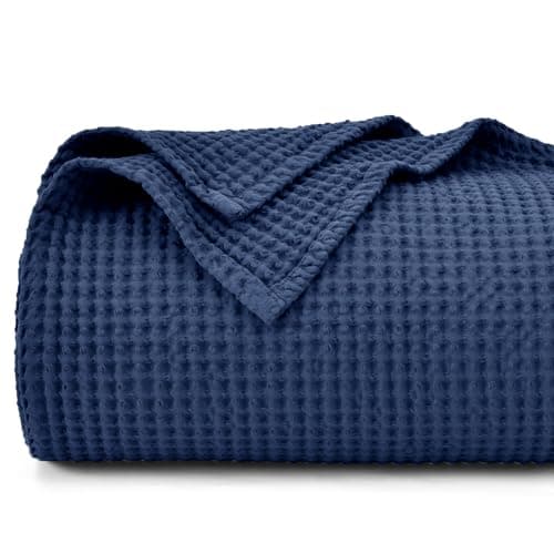Image of PHF 100% Cotton Waffle Weave Blanket Double Size 150 x 200cm, Pre-Washed Lightweight Breathable Throw Blanket, Oeko-TEX Certified for Bed Sofa, Home Decor, Navy Blue