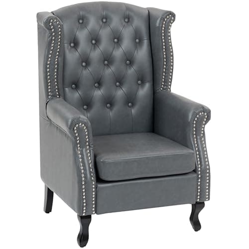 Image of HOMCOM Wingback Armchair, PU Leather Fireside Chair, Button Tufted Accent Chair for Living Room, Bedroom, Home Office, Grey