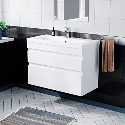 Image of Nes Home 500/600/800 mm 2 Drawer White or Light Grey Wall Hung Vanity Cabinet and Basin Sink Unit (White, 800 mm)