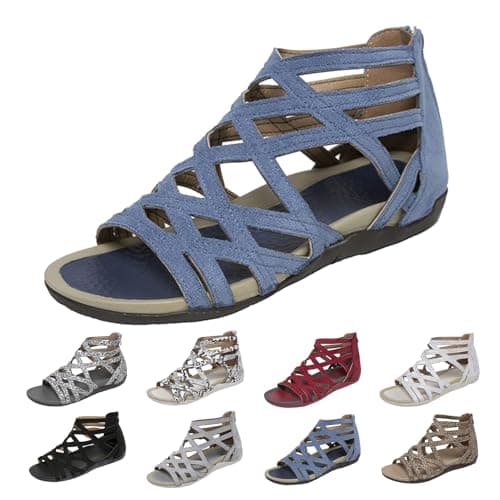 Image of UK Women Strappy Gladiator Sandals with Arch Support,Lightweight Comfortable Back Zipper Roman Casual Walking Fisherman Sandal Open Toe Low Wedges Dressy Summer Autumn Holiday Hollow Out Flat Shoes