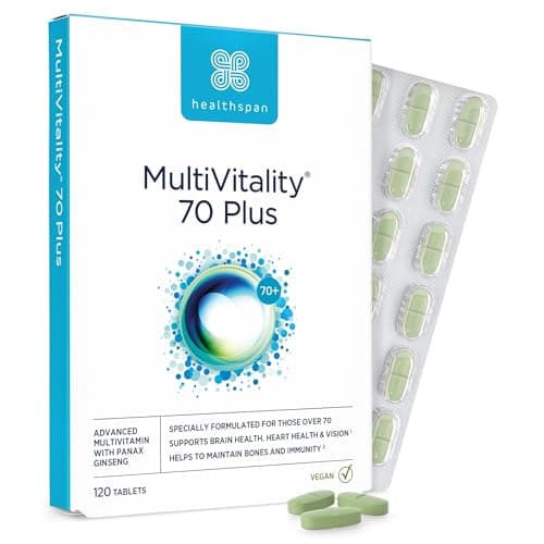 Image of Healthspan Multivitamin 70 Plus | (120 Tablets) | Vitamin C & Vitamin D3 | Brain, Heart, Bone & Immunity Health | Ginseng, Bioflavonoids & Acetyl L-carnitine | Vegan
