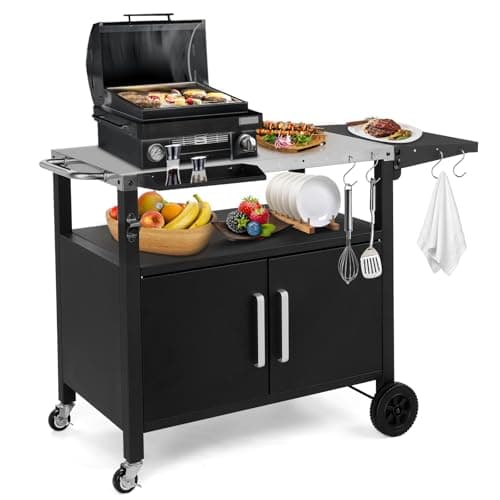 Image of Outopee Outdoor Grill Dining Cart, Pizza Oven Serving Trolley with Wheels, Stainless Steel Top, Side Handle, Storage Cabinet, 6 Hooks, Portable Patio Food Prep Table for Kitchen Garden Party
