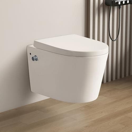 Image of Robanmoa Rimless Wall Hung Toilet with Bidet, Integrated Combined Bidet Toilet All in One Short Projection Compact Wall Mounted Bathroom Toilets Ceramic WC Pan Soft Close Seat