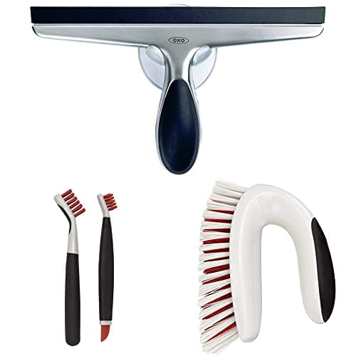 Image of OXO Good Grips Deep Clean Brush Set - Orange and Scrub and stainless steel squeegee