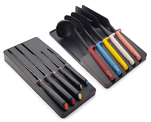 Image of Joseph Joseph Elevate Utensil & Knife 10-piece Set, in Drawer Utensils Organisation Storage, Black/Multicolour