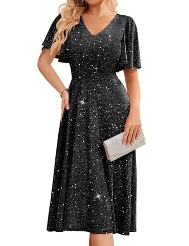 Image of Bridesmay Semi-Formal Wedding Guest Bridesmaid Dresses Sparkly Sequin Cocktail Party Dress Midi Length Glitter Black 2XL