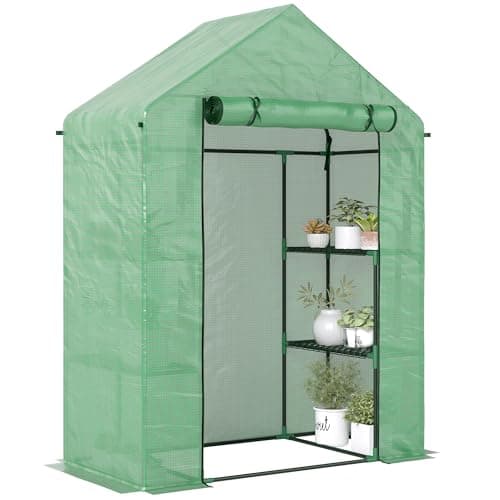 Image of Outsunny Walk In Greenhouse with Shelves, Portable Gardening Plant Grow House for Outdoor with 2 Tier Shelf, Roll-Up Zippered Door, PE Cover, 143 x 73 x 195cm, Green