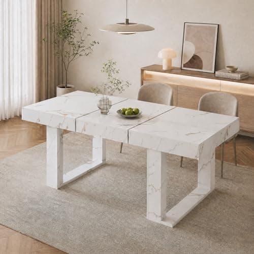 Image of GRAVFORCE Extendable Dining Table 4-6 Seater Kitchen Dinner Table 120-160cm Wooden Expandable Dining Tables for Restaurant Home Living Room Marble White