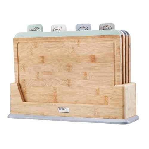 Image of Cooks Professional Set of 4 Index Chopping Boards | Bamboo Chopping Boards with Stand | Wooden Food Preparation Cutting Blocks with Tabs for Fruit & Vegetables, Meat, Fish & Bread | Multi Coloured