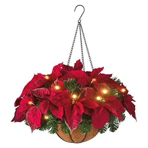 Image of Christmas Hanging Basket, Battery-operated LED lights, Red Berries, Pine Cones, Snow, Artificial Christmas Decorations, Frosted Berry, Indoor Outdoor Decor