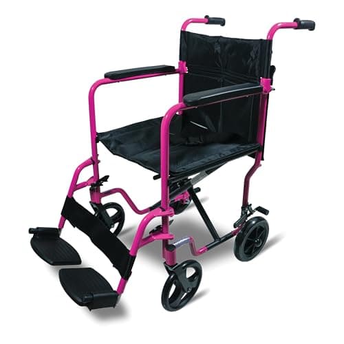 Image of Aluminium Travel Transit Chair – Lightweight Foldable Wheelchair with Padded Armrests and Adjustable Footrests (Pink)