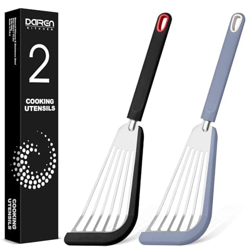 Image of Fish Spatula Turner, Thin Slotted Spatulas for Nonstick Cookware,Silicone Edge Heat Resistant Kitchen Flipper for Fish, Egg, Pancake(Stainless Steel, 2Pack)