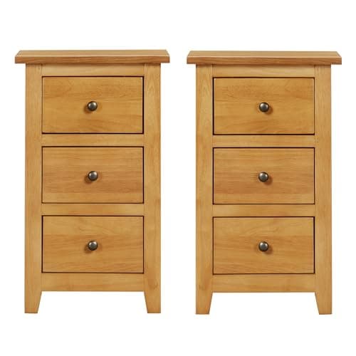 Image of Hallowood Furniture Aston 3 Drawer Light Oak Bedside Tables Set of 2, Wooden Small Chest of Drawers for Living Room, Pre-Assembled Bedside Cabinet for Small Spaces