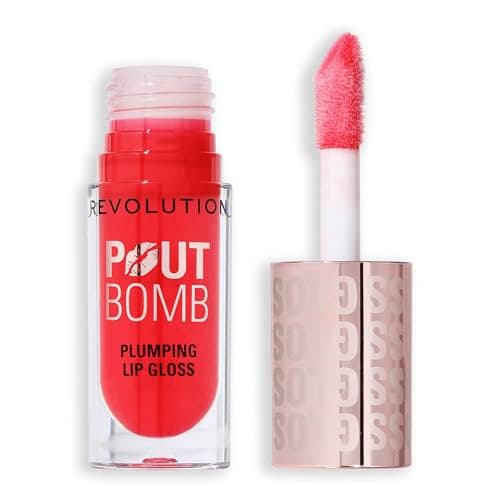 Image of Revolution Beauty, Pout Bomb Plumping Lip Gloss, High-Shine for Glossy, Fuller & Plump Lips with Hyaluronic Acid & Peptides, Vegan & Cruelty-Free, Cherry Sheer Red