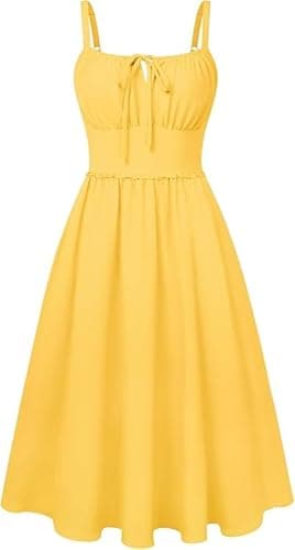 Image of Belle Poque Summer Dresses for Women UK Square Neck Spaghetti Strap A-Line Midi Sundress Casual Holiday Beach Dress Yellow M