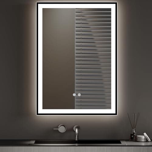 Image of Warmiehomy Bathroom Mirror with LED Lights,Rectangle 500x700mm Illuminated LED Bathroom Mirror with 3 Colour Dimmable Lights Demister Pad Touch Control,Black Frame