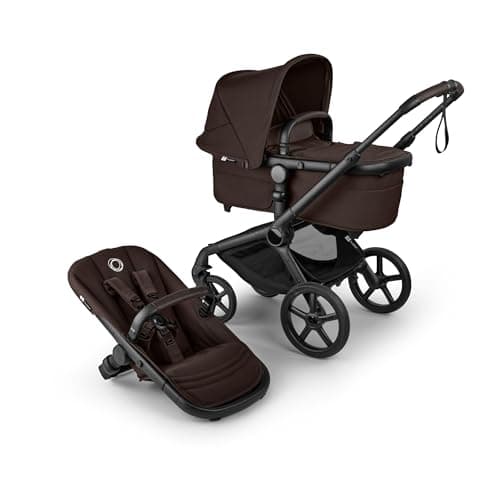 Image of Bugaboo Fox 5 Renew All-Terrain Stroller, 2-in-1 Baby Pushchair, Full Suspension, Easy Fold, Extendable Toddler Seat, One-Handed Manoeuvrability, Black Chassis and Cocoa Brown Canopy