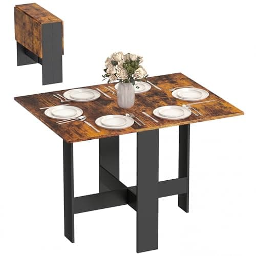 Image of HOMCOM Folding Dining Table, Space-Saving Drop Leaf Kitchen Table for 4-6 People, Multi-functional Desk for Small Space, Flat & Studio, Modern Breakfast Table, Rustic Brown and Black