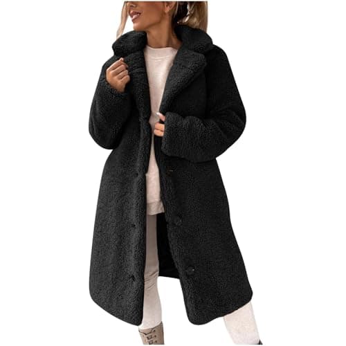 Image of Fur Coat for Women UK Fleece Sherpa Long Jacket Warm Winter Fluffy Teddy Coats Thermal Plush Outwear Loose Oversized Cardigan Casual Plain Button Open Front Loungewear Mid Length Overcoat Ladies