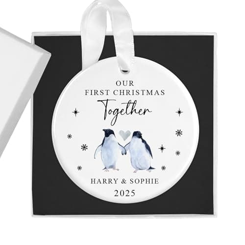 Image of First Christmas Together Personalised Bauble with Penguins, Includes Gift Box - Custom 1st Xmas Tree Ornament - Keepsake Gift for New Couple, Girlfriend, Boyfriend, Him or Her (Round)