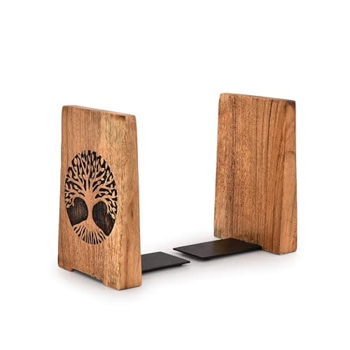 Image of Indus Lifespace Office Bookends - Iron & Acacia Wood Tree of Life for Shelves or Bookcase - Heavy Duty (10.16cm x 10.16cm x 15.24cm), Set of 2