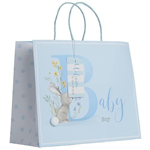Image of Partisan Products White Kraft Paper Rabbit Blue Baby Boy Gift Bag With Gift Tag Shopper Fully Recyclable Newborn Large