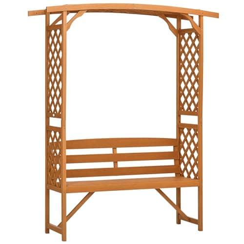 Image of Outsunny Garden Bench, Arch Pergola with Natural Wooden Garden Arbour with Seat for Vines/Climbing Plants for Outdoor Space, Brown