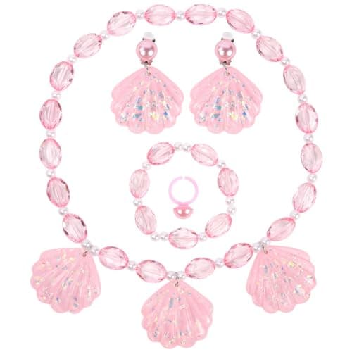 Image of OSDUE Girls Jewelry Set, 5 Pcs Pink Shell Necklace Earring Bracelet Ring Set for Little Girl, Princess Jewelry Party for Toddler Little Girl Play Party Favors, Birthday Gift