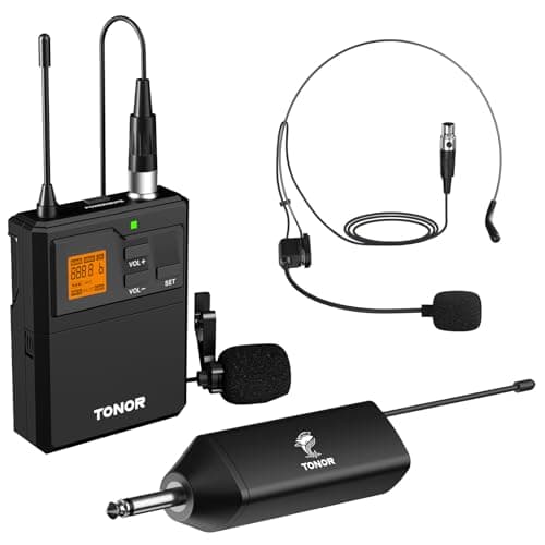Image of TONOR Wireless Headset Microphone& Lavalier Mic with Bodypack Transmitter, 1/4" Jack Rechargeable Receiver, 5 Channels, 60 M Range for Fitness Class Live Performance PA Speaker, TW621, 1 Mic