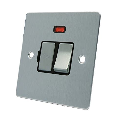 Image of AET FSCSFNBS 13 A Satin Chrome Flat Switched Fused Neon Indicator Spur Connection Unit W/Neon Black Insert Metal Rocker Switch