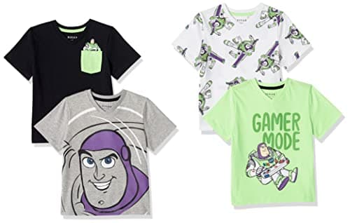 Image of Amazon Essentials Disney | Marvel | Star Wars Boys' Short-Sleeve V-Neck T-Shirts, Pack of 4, Neon/Toy Story Friends, 11-12 Years