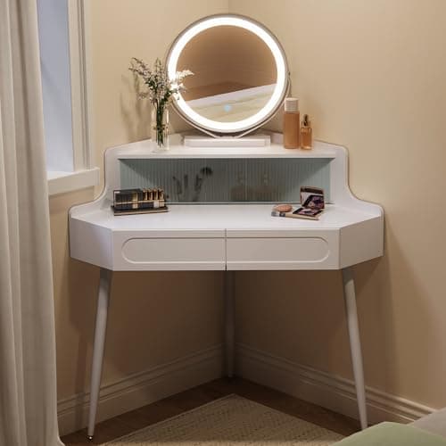 Image of WOLTU Dressing Table with Mirror, Corner Vanity Desk, Bedroom Dressing Table with 2 Drawers 1 Closed Compartment, White Mirrored Desk, Dimmable Makeup Mirror, MB6119ws-UK