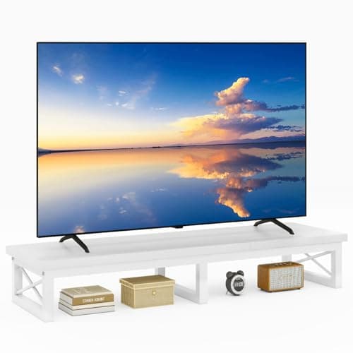 Image of IBUYKE 114cm Large TV Riser for 32-60 inch TV,Tabletop Short TV Stand with Storage and Steel Legs,Dual Screen Office Desk,Stand Riser,TV Riser Stand for Home,Bedroom,Living Room,White TVT002W