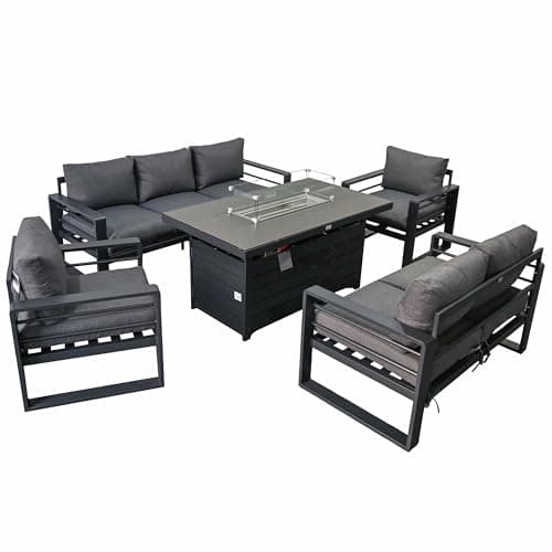 Image of Aluminium Garden Furniture Sets 7 Seater – High Back Garden Sofa Set with Fire Pit Table & 2 Armchairs, Metal Outdoor Sofa Set, Patio & Conservatory Furniture (Dark Grey, 7 Seater, Firepit Table)