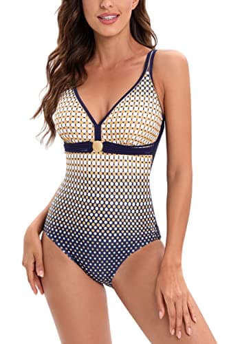 Image of AOQUSSQOA Women's One Piece Swimsuit Tummy Control Swimwear Adjustable Straps Padded Bathing Suit (Yellow, L)