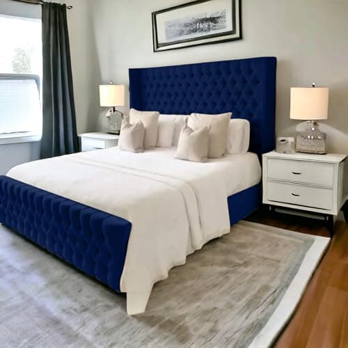 Image of 5FT King Chesterfield Winged Bed Frame With Mattress And Headboard Upholstered in Blue Plush Velvet Wooden Slats - No Storage (Blue, 5FT King With Mattress)
