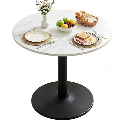 Image of Warmiehomy Wood Dining Table, 80cm Modern Small Round Dining Room Table for Home Apartment Kitchen Living Room, White Marble-Patterned Wooden Desktop and Black Metal Base