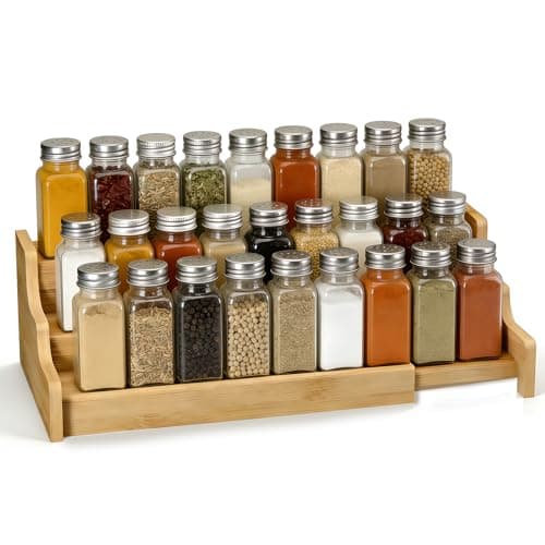 Image of MEETOZ Spice Rack, 3 Tier Bamboo Expandable Display Shelf, Kitchen Cabinet Organizer, for Kitchen, Cupboard, Pantry, Free Standing Spice Jar Storage Shelf