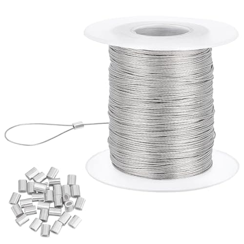 Image of PH PandaHall 100m 0.5mm Heavy Duty Picture Hanging Wire, 304 Stainless Steel Photo Frame Hanging Wire with 30pcs Aluminum Crimping Loop Sleeve Jewellery Wires for Mirrors Frame Beading Bracelet Making