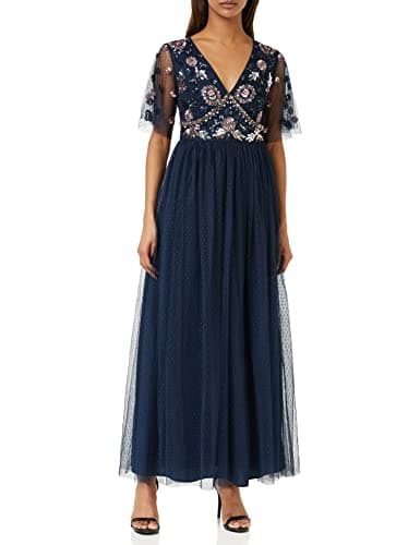 Image of Maya Deluxe Womens Maxi Dress Ladies Embellished Spot Mesh A-Line V-Neck Dress for Wedding Guest Bridesmaid Prom Ball Occasion Navy Size 20
