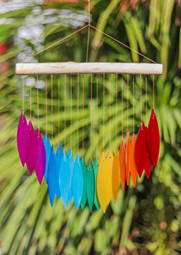 Image of Rainbow Glass Wind Chime Recycled Glass and Bamboo Driftwood Garden Chime Hanging Outdoors Indoors Multicoloured Fairtrade Eco Friendly Handmade Fairtrade