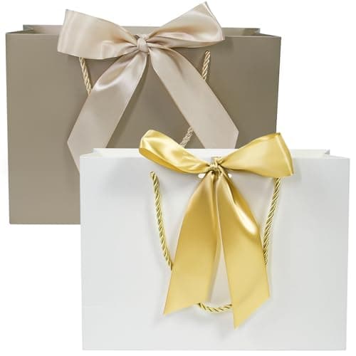 Image of BIHIYII 2Pcs Brown and White Gift Bags Medium, Birthday Gift Bags for Presents, Christmas Valentines Christening Wedding Bridesmaid Gift Party Bag for Her Him, 28 x 20 x 9 cm
