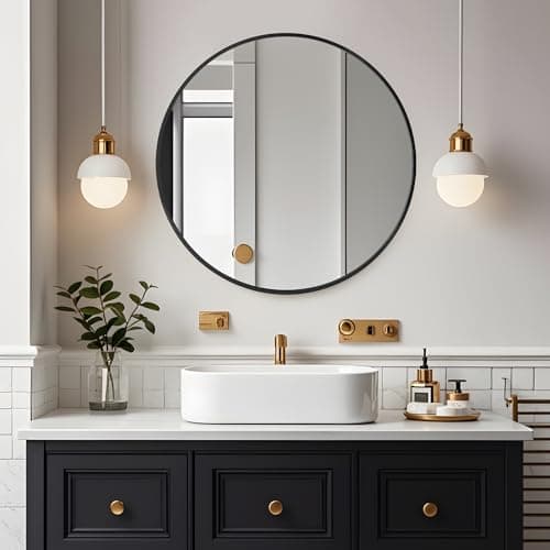 Image of Amazing Tour Round Bathroom Mirror,60cm Circle Mirror Brushed Frame Wall Mirror Metal Framed HD Glass Wall for Makeup Bathroom Living Room Entryway Black