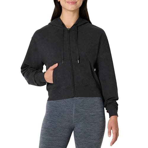 Image of Amazon Essentials Women's Athletic Soft Performance Lightweight Cropped Zip-Up Workout Hoodie, Black Space Dye, L